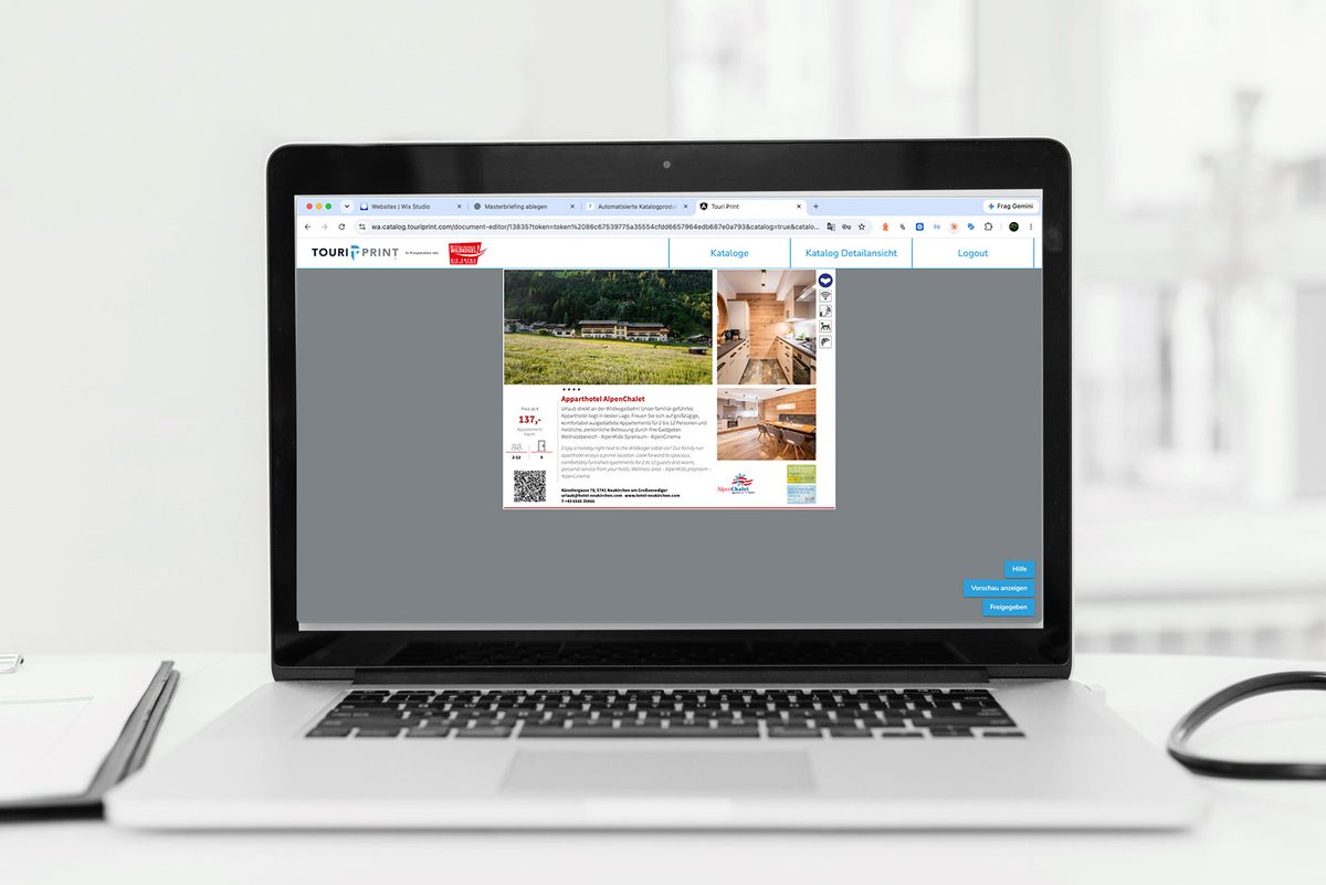 TOURIPRINT im Browser: Bearbeitungsansicht eines Gastgeberinserats mit Vorschau und Freigabe
